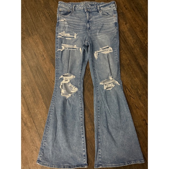 American Eagle Super Hi-Rise FlareDistressed Ripped Jeans Denim Womens 16Long - Picture 2 of 12